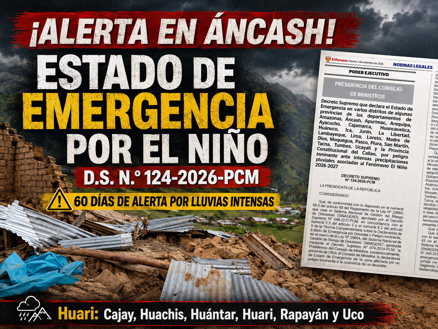 El Niño 2026: 103 distritos en Áncash en Emergencia