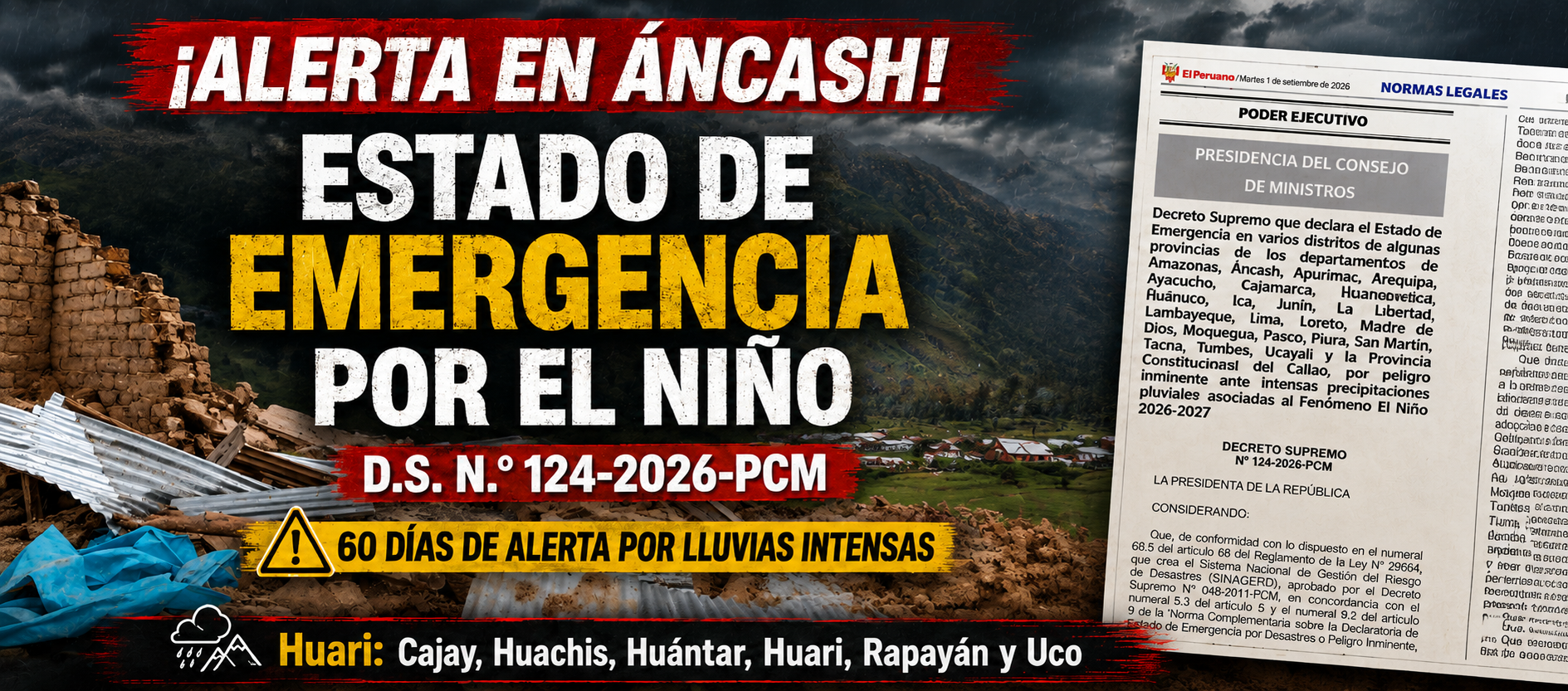 El Niño 2026: 103 distritos en Áncash en Emergencia